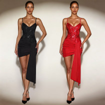 Fashionable women's sexy suspender bead exposed backpack hip dress