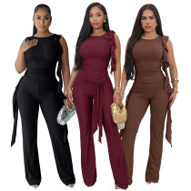 Personalized Strapped Wood-Collar Pockets and Ruffles Vest Flared Pants Set