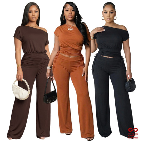 Fashion off shoulder asymmetrical pleated wide leg pants set, two-piece set