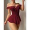 Large size pure desire wind wine red mesh jumpsuit with one shoulder lotus leaf edge design for fun lingerie