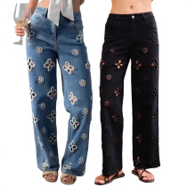 Spring and summer new European heavy industry embroidery nail bead hollow fashion personality elastic straight leg wide leg pants