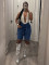 Women's loose denim 5-point pants with full rhinestone hot stamping and additional waistband, available for immediate payment
