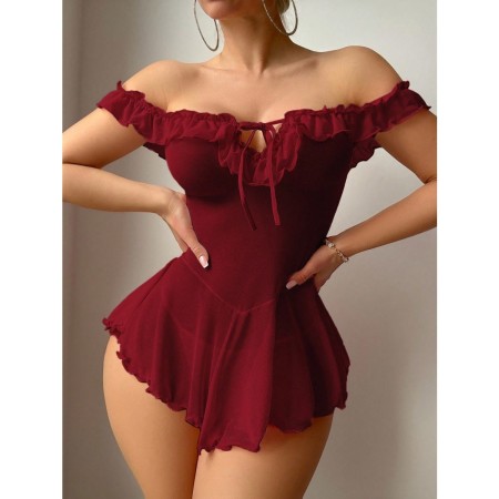 Large size pure desire wind wine red mesh jumpsuit with one shoulder lotus leaf edge design for fun lingerie
