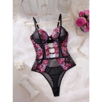 Wind inspired lingerie with flower embroidery mesh jumpsuit, hollowed out and translucent sexy tight fitting garment
