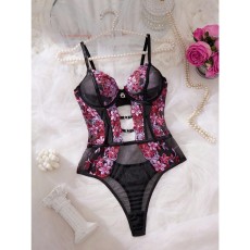 Wind inspired lingerie with flower embroidery mesh jumpsuit, hollowed out and translucent sexy tight fitting garment