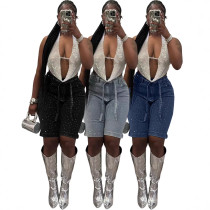 Women's loose denim 5-point pants with full rhinestone hot stamping and additional waistband, available for immediate payment