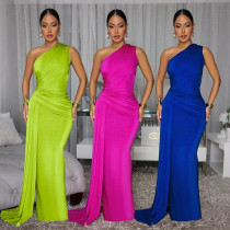 New oblique shoulder solid color slim fit dress long skirt cross-border