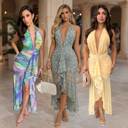 Women's spring and summer hot selling slim fit dress with neck hanging print and lace up design
