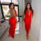 Women's sexy deep V-neck hanging neck backless slit pleated dress