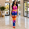 Fashion high waisted short solid color top paired with printed pants two-piece set