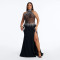 High neck rhinestone sleeveless dress with slit, transparent mesh splicing, straight gong fabric