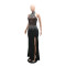 High neck rhinestone sleeveless dress with slit, transparent mesh splicing, straight gong fabric