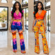 Fashion high waisted short solid color top paired with printed pants two-piece set
