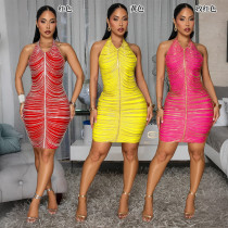 Fashionable and sexy backless hanging neck hot diamond nightclub women's dress