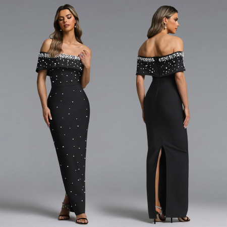 New Women's Elegant One Shoulder Beaded Evening Dress