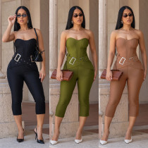 Fashionable women's sexy slim fit strapless solid color hip hugging jumpsuit