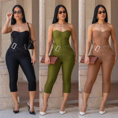 Fashionable women's sexy slim fit strapless solid color hip hugging jumpsuit