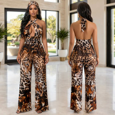 Fashion women's spotted tiger print hanging neck wide leg jumpsuit