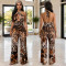 Fashion women's spotted tiger print hanging neck wide leg jumpsuit