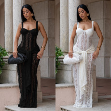 Fashionable women's sexy see through lace shoulder strap wrapped hip dress