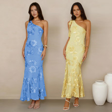New Women's Summer Elegant Jacquard Cross Shoulder Banquet Dress
