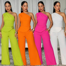 2026 new women's casual solid color sloping shoulder top and pants two-piece set