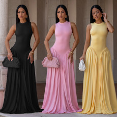 Fashionable women's dress with elegant temperament, solid color round neck sleeveless dress