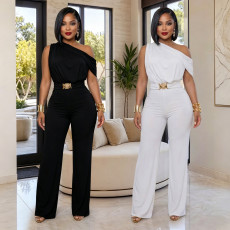 Fashionable women's clothing with elegant sloping shoulder belt and solid color jumpsuit