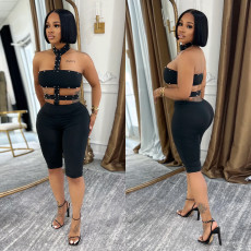 Fashionable women's sexy off shoulder bubble bead hanging neck solid color jumpsuit