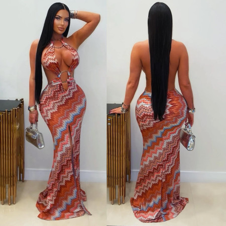 New women's casual printed ripple dress, women's summer long dress