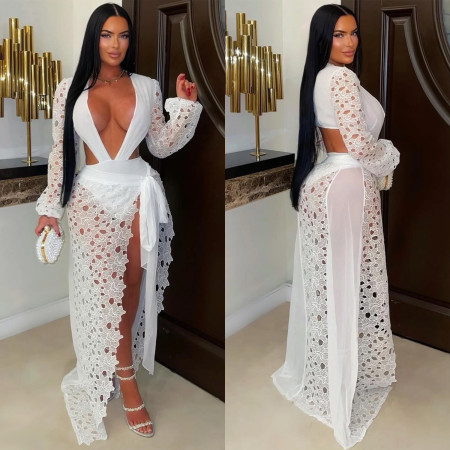 Fashionable women's sexy mesh lace deep V-slit dress