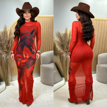 Fashionable women's sexy mesh printed rhinestone dress set, excluding hat