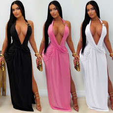 Fashionable women's sexy deep V-neck hanging banquet hip hugging dress