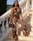 Fashion women's spotted tiger print hanging neck wide leg jumpsuit