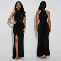Fashionable women's sexy off shoulder rhinestone bubble bead split dress