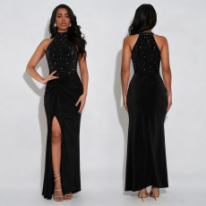 Fashionable women's sexy off shoulder rhinestone bubble bead split dress