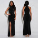 Fashionable women's sexy off shoulder rhinestone bubble bead split dress