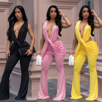 Fashionable women's sexy backless solid color hip hugging slim fit jumpsuit