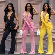 Fashionable women's sexy backless solid color hip hugging slim fit jumpsuit
