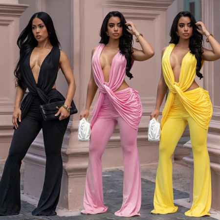 Fashionable women's sexy backless solid color hip hugging slim fit jumpsuit