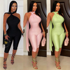 Fashionable women's sexy casual solid color backpack hip jumpsuit
