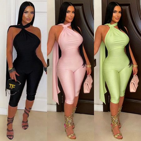 Fashionable women's sexy casual solid color backpack hip jumpsuit