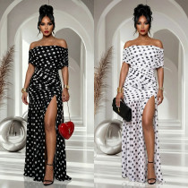 New women's polka dot split banquet vacation bag hip dress