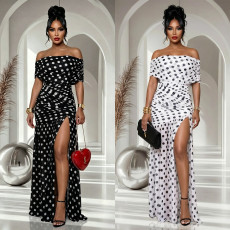 New women's polka dot split banquet vacation bag hip dress