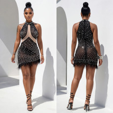 Fashionable women's sexy mesh, rhinestone hot stamping, bubble bead wrapped buttocks dress