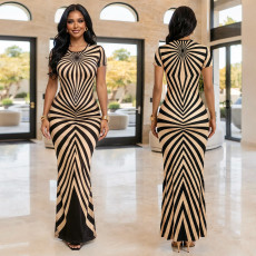 Fashionable women's clothing temperament, personalized printed striped long dress