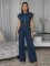 Spliced sleeveless zipper round neck slim fit denim jumpsuit