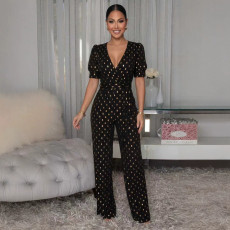 Fashionable V-neck hot stamping polka dot short sleeved casual wide leg jumpsuit