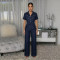 Casual short sleeved lapel button waistband denim jumpsuit