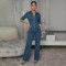 Spliced sleeveless zipper lapel slim fit denim jumpsuit
